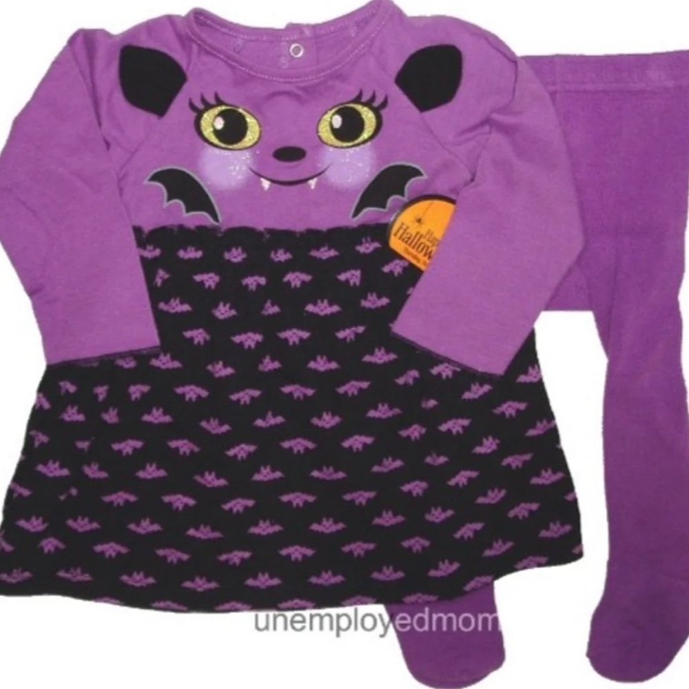 Baby Girls 1st Halloween Dress Tights 2 pc Bat Eyes Ears Fangs Holiday